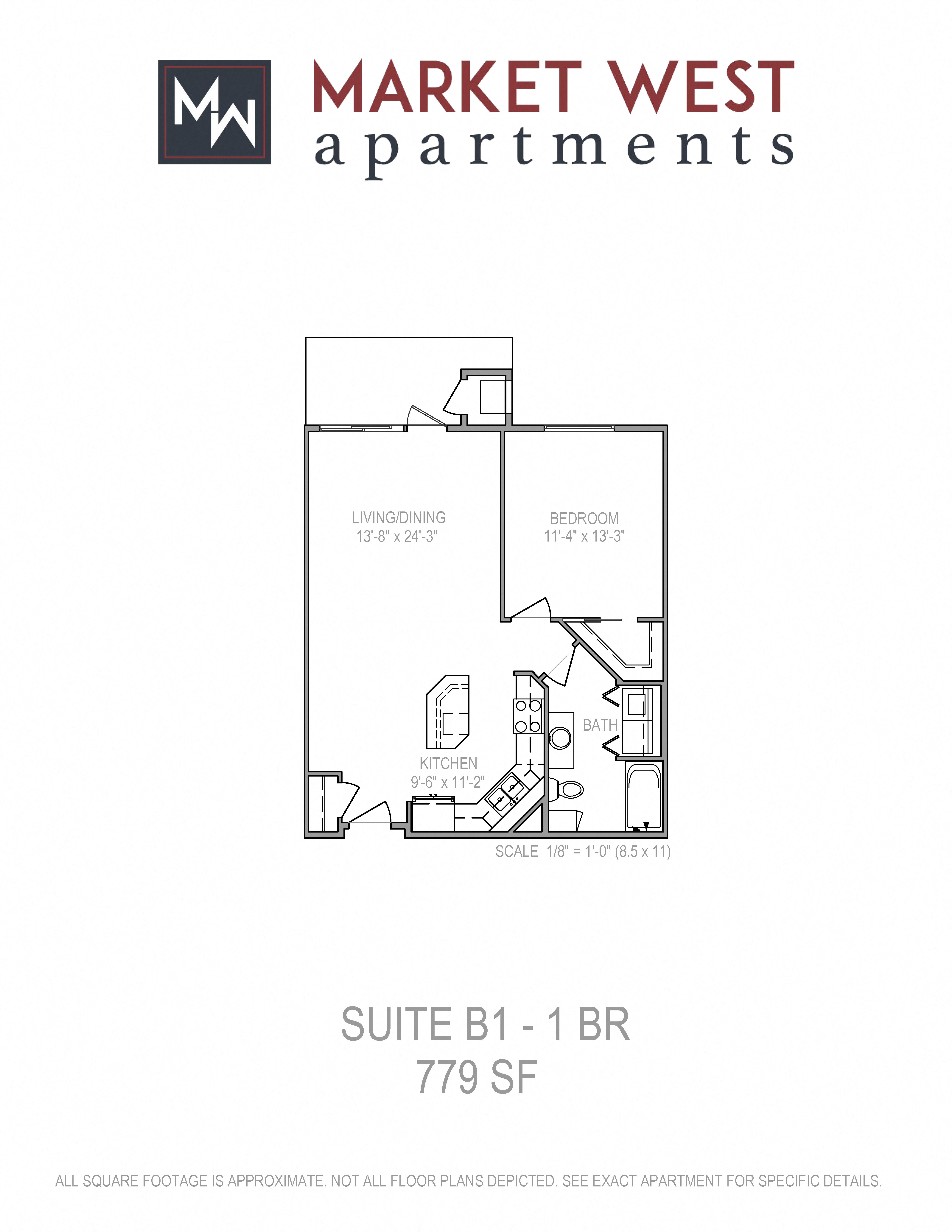Floor plan for 1 bed, 1 bath, 779 sqft